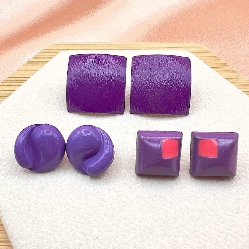 Vintage Stud Pierced Earrings Lot Of 3 Pairs Purple Geometric Square Round 80s